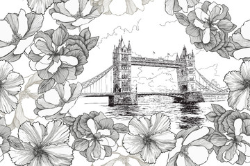 Tower Bridge in London with roses and hibiscuses, seamless pattern. Hand-drawn, vector illustration - 276930181
