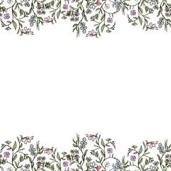 Digital hand drawn sketch illustration seamless pattern background with two floral elements and space for text isolated on white