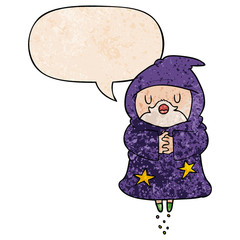 cartoon floating wizard and speech bubble in retro texture style