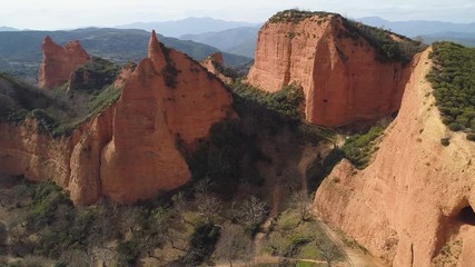 Aerial: Spectacular Canyon Las Medulas in Ponferrada Bierzo Spain. Roman gold mine one of the UNESCO World Heritage Sites. Popular tourist destination in Europe