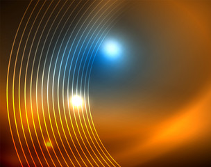 Blue neon circles, abstract circular lines. Glowing circle abstract pattern background
