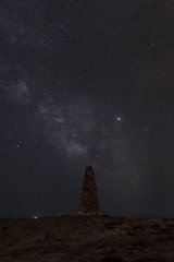 Old lighthouse near the fishing village on the background of the starry sky