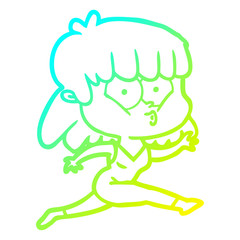 cold gradient line drawing cartoon woman running