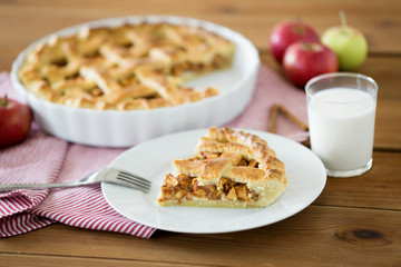 food, culinary and baking concept - close up of apple pie and fork on plate