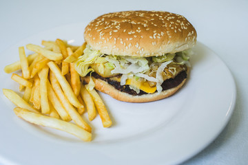 Hamburguesa de res con papas fritas