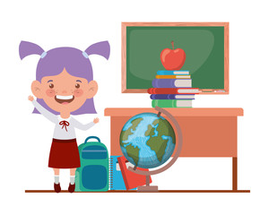 student girl with school supplies in the classroom