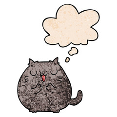 happy cartoon cat and thought bubble in grunge texture pattern style