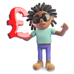 Young black rasta man with dreadlocks holding UK currency symbol, 3d illustration