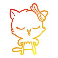 warm gradient line drawing cartoon cat with bow on head