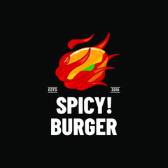 Burning Spicy Burger Logo template Illustration in black background. Fast food logo - Vector
