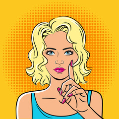 A beautiful young woman draws attention with her index finger. The girl is drawn in the style of pop art.