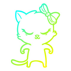 cold gradient line drawing cute cartoon cat with bow