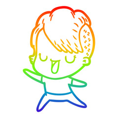 rainbow gradient line drawing cute cartoon girl with hipster haircut