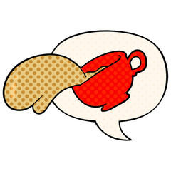 cartoon mug of coffee and speech bubble in comic book style