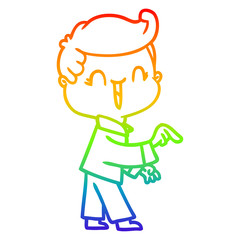 rainbow gradient line drawing cartoon laughing boy pointing