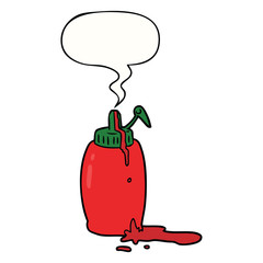 cartoon tomato ketchup bottle and speech bubble
