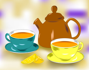 Flat drawing of a tea party .Still life of dishes, beautiful background. Teapot, Cup and saucer. The mugs are filled with tea. Vector