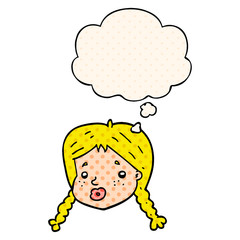 cartoon girls face and thought bubble in comic book style