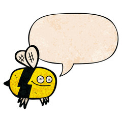 cartoon bee and speech bubble in retro texture style