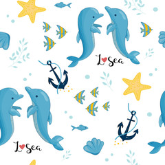 sea pattern, dolphin shells anchor star
