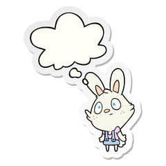 cartoon rabbit shrugging shoulders and thought bubble as a printed sticker