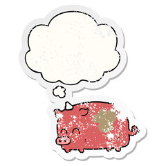 cute cartoon pig and thought bubble as a distressed worn sticker