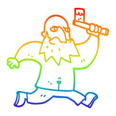 rainbow gradient line drawing cartoon man with bloody axe
