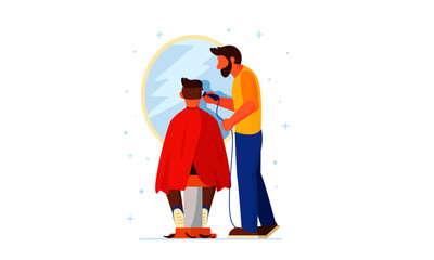 Barber shop vector illustration. Flat style image of hairdresser cutting hair of male client. Hairstylist dressed in yellow shirt and blue jeans.