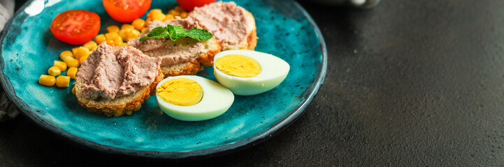 breakfast, tasty food and coffee (sandwich, pate, bun, egg, corn, tomato, etc.) enjoy your meal. top food background. copy space