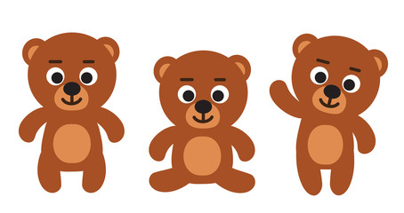 Cute funny teddy bear (standing, sitting, waiving) - set of three bears cartoon vector illustrations