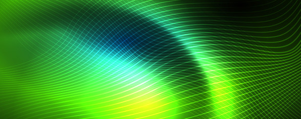 Smooth wave lines on blue neon color light background. Glowing abstract wave on dark, shiny motion, magic space light