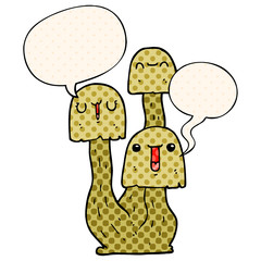cartoon mushroom and speech bubble in comic book style