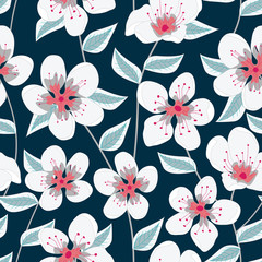 Vector repeat pattern with white and pink flowers and green leaves on a blue background
