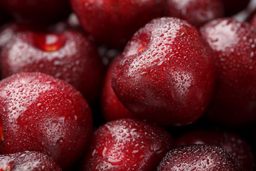 Ripe and fresh berries of a sweet cherry with water drops closeup.