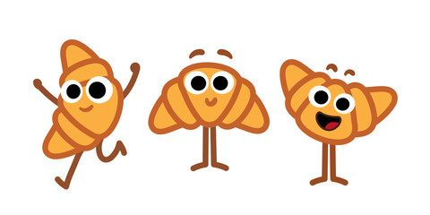 Set of croissants cartoon doodle characters. Happy funny food mascots for bakery and restaurants menu. Simple isolated vector art. Adorable character design icons set.