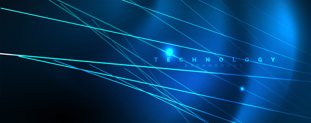 Neon blue glowing lines, magic energy space light concept, abstract background wallpaper design