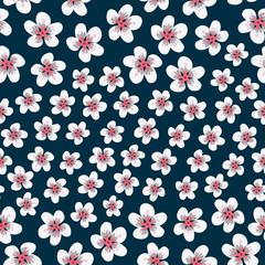Vector white and pink flowers on a navy blue background seamless repeat pattern
