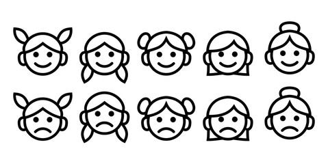 Happy and sad smile cartoon icons set. Little boy head emoji in different moods. Vector outline icons collection isolated.