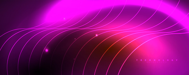 Bright neon circles and wave lines, glowing shiny background design template, digital techno concept.