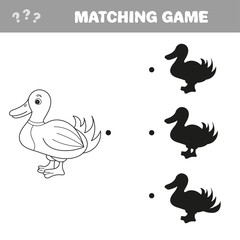 Find the correct shadow. The Cute Cartoon Duck. Educational Game for Kids. Vector illustration