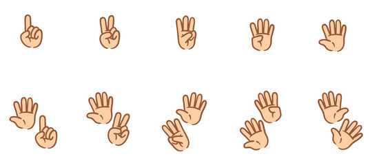 Cartoon hands illustration for kids. Learn how to count with your hands. Back to school or preschool. Funny doodle, changeable global colors. Vector isolated illustration symbols set.