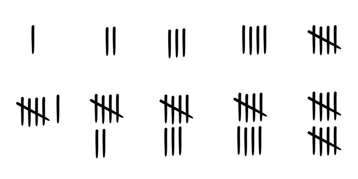 Cartoon tally marks, scratch lines score. Drawn pencil marks for learninig to count points. Marks from one to ten.