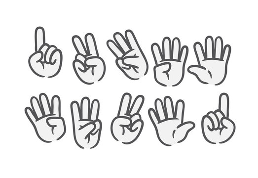 Set of cartoon hands for kids learning basic math. Count from one to ten with your hands. Funny vector doodle, changeable global colors, symbols collection.