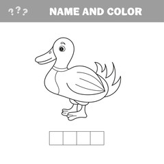 Coloring The Cute Cartoon Duck. Educational Game for Kids. Vector illustration.