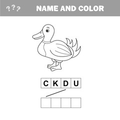Coloring The Cute Cartoon Duck. Educational Game for Kids. Vector illustration.