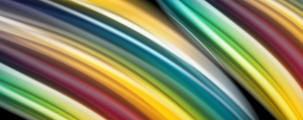 Obraz premium Modern rainbow liquid color flow colorful poster. Wave Liquid shape in black color background. Abstract composition