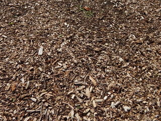 Brown background with view on natural organic bark mulch on the ground