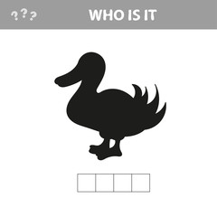 Shadow game. The Cute Cartoon Duck. Educational Game for Kids. Vector illustration