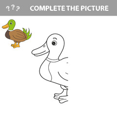 Coloring The Cute Cartoon Duck. Educational Game for Kids. Vector illustration.