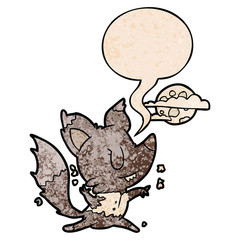 cartoon halloween werewolf changing in moonlight and speech bubble in retro texture style